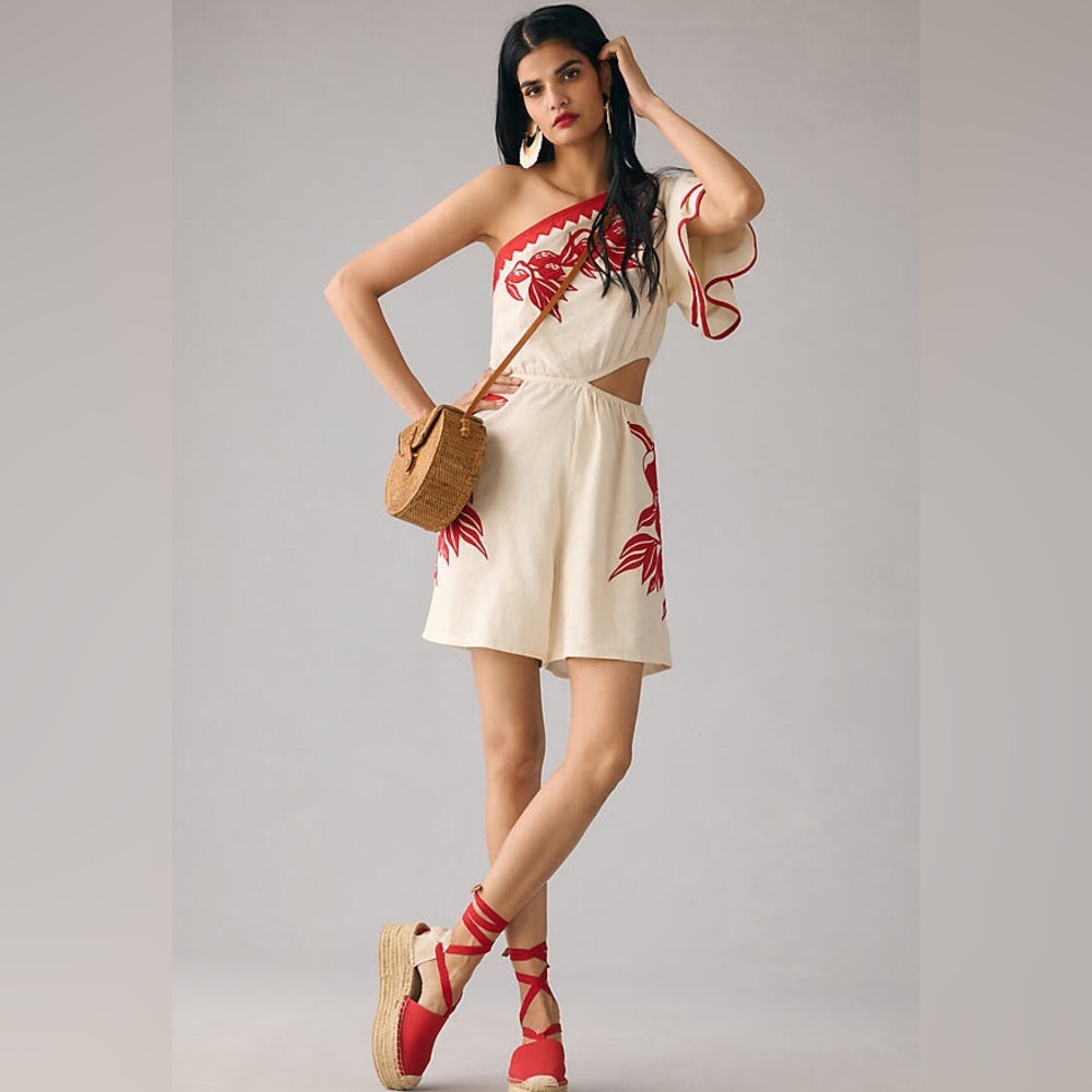 Farm Rio one-shoulder toucan romper